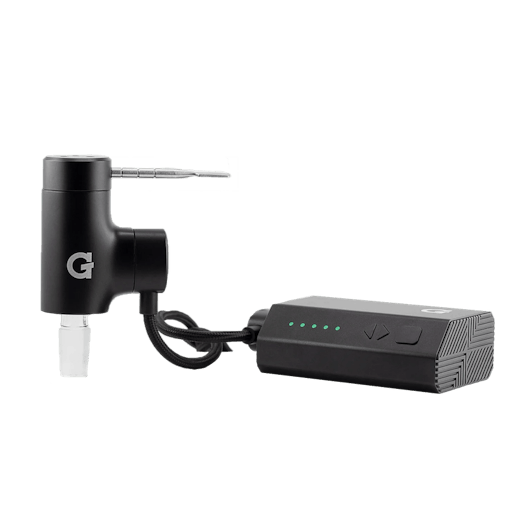 A black battery pack with a series of green dot lights illuminated in a line attached to a black e-nail from G-Pen. One of our best dab rigs of 2025.